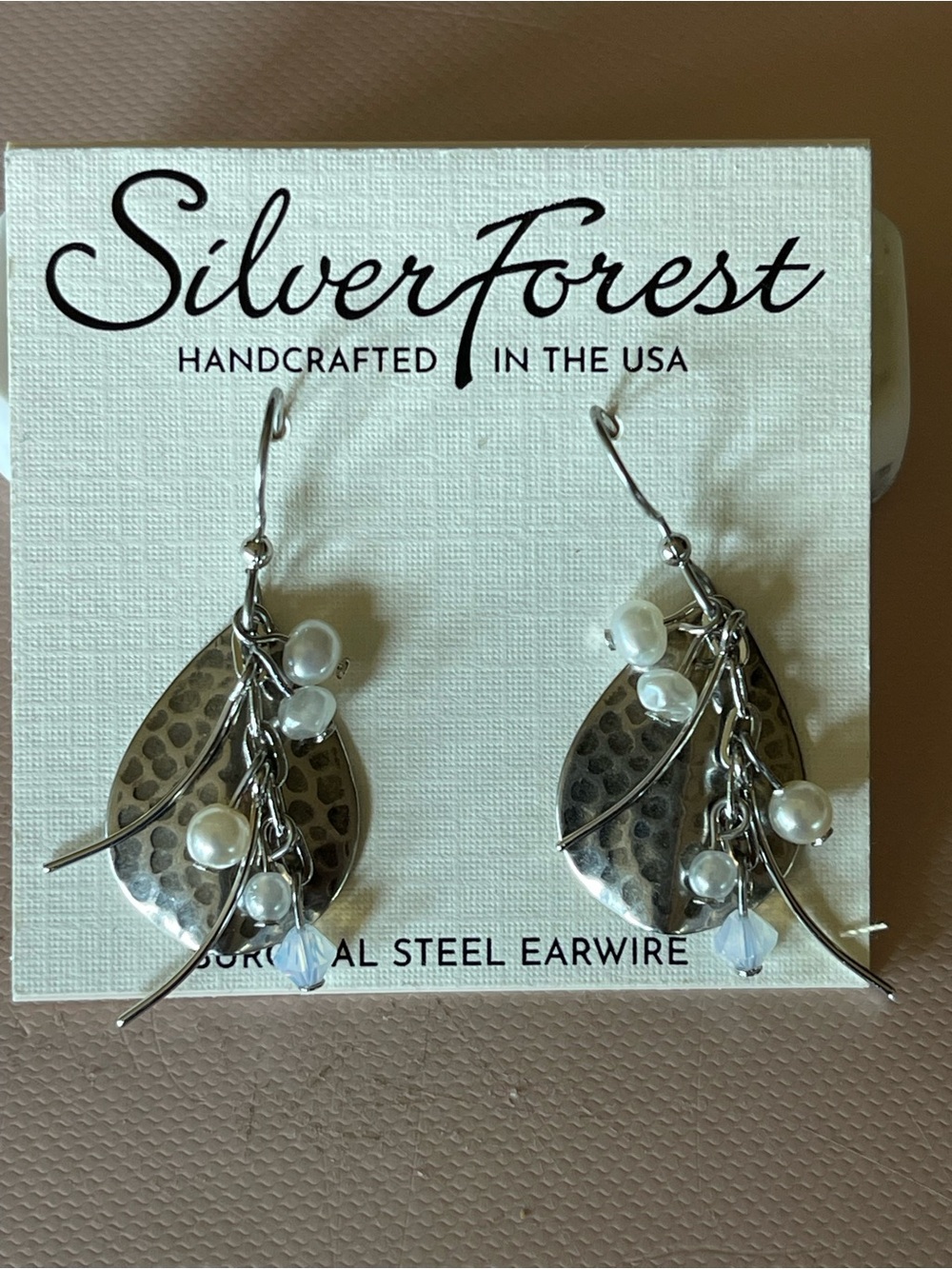 Silver Forest Hammered Silver Teardrop Earrings with Pearl Clusters